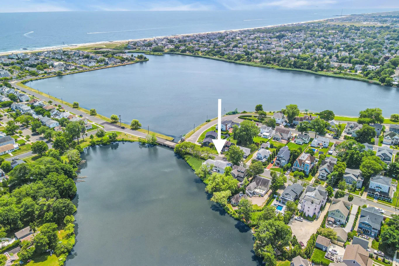 Aerial view with arrow showing property location